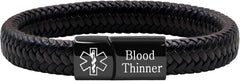 Medical Alert Cuff Bracelet for Men and Women, Black Stainless Steel Clasp Emergency ID Wristband, PU Leather Health Information Band YA5551
