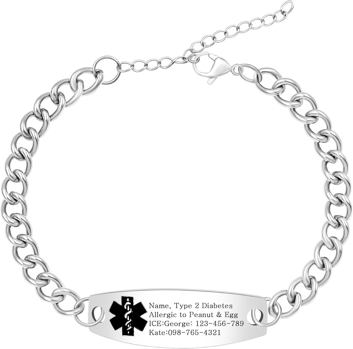 Uloveido Custom Medical ID Bracelet for Men Women, Personalized Engraved Stainless Steel Curb Link Chain Emergency Alert Jewelry, Adjustable Size Fits Adult Wrists (21cm+5cm)