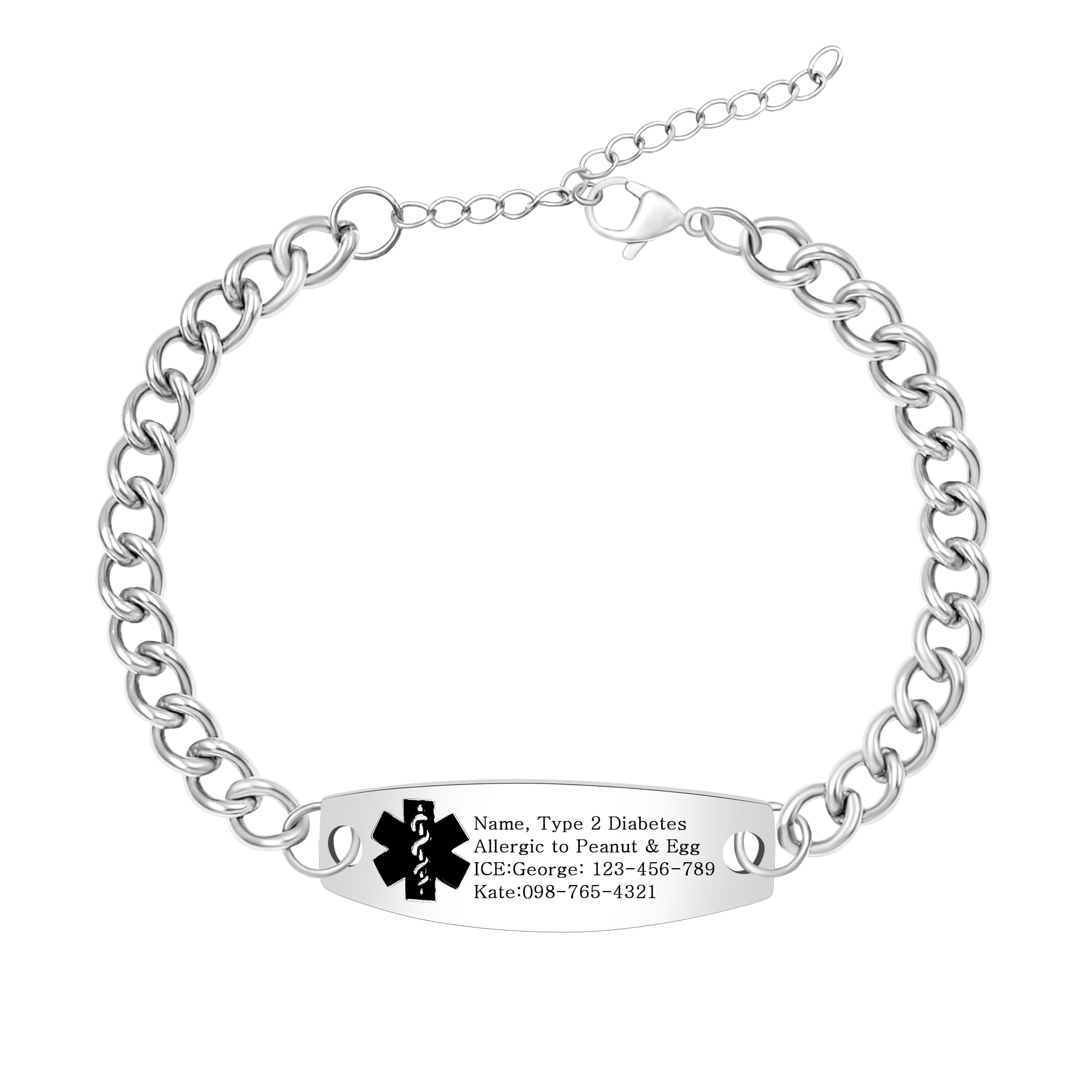 Uloveido Custom Medical ID Bracelet for Men Women | Personalized Engraved Stainless Steel Curb Link Chain Bracelet | Emergency Alert Health Information Jewelry Adjustable 20-25cm