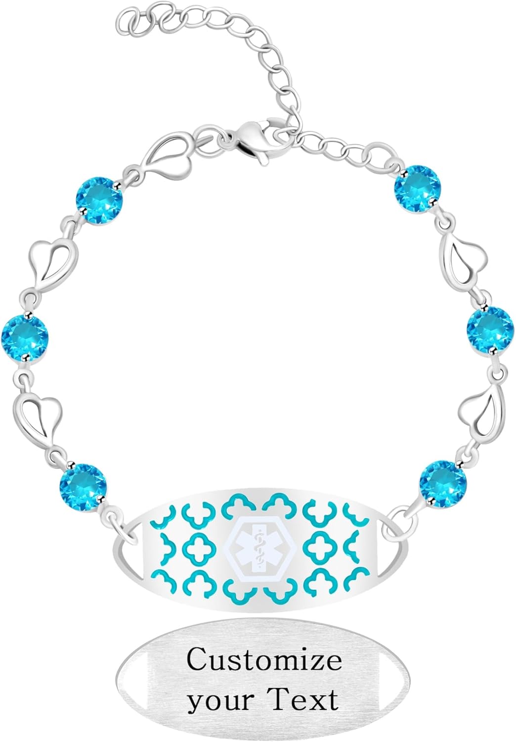 Uloveido Custom Medical ID Bracelet with Blue Cubic Zirconia | Elegant Floral Enamel Design | Adjustable QR Code & Engraved Emergency Contact Bracelet for Women and Travelers