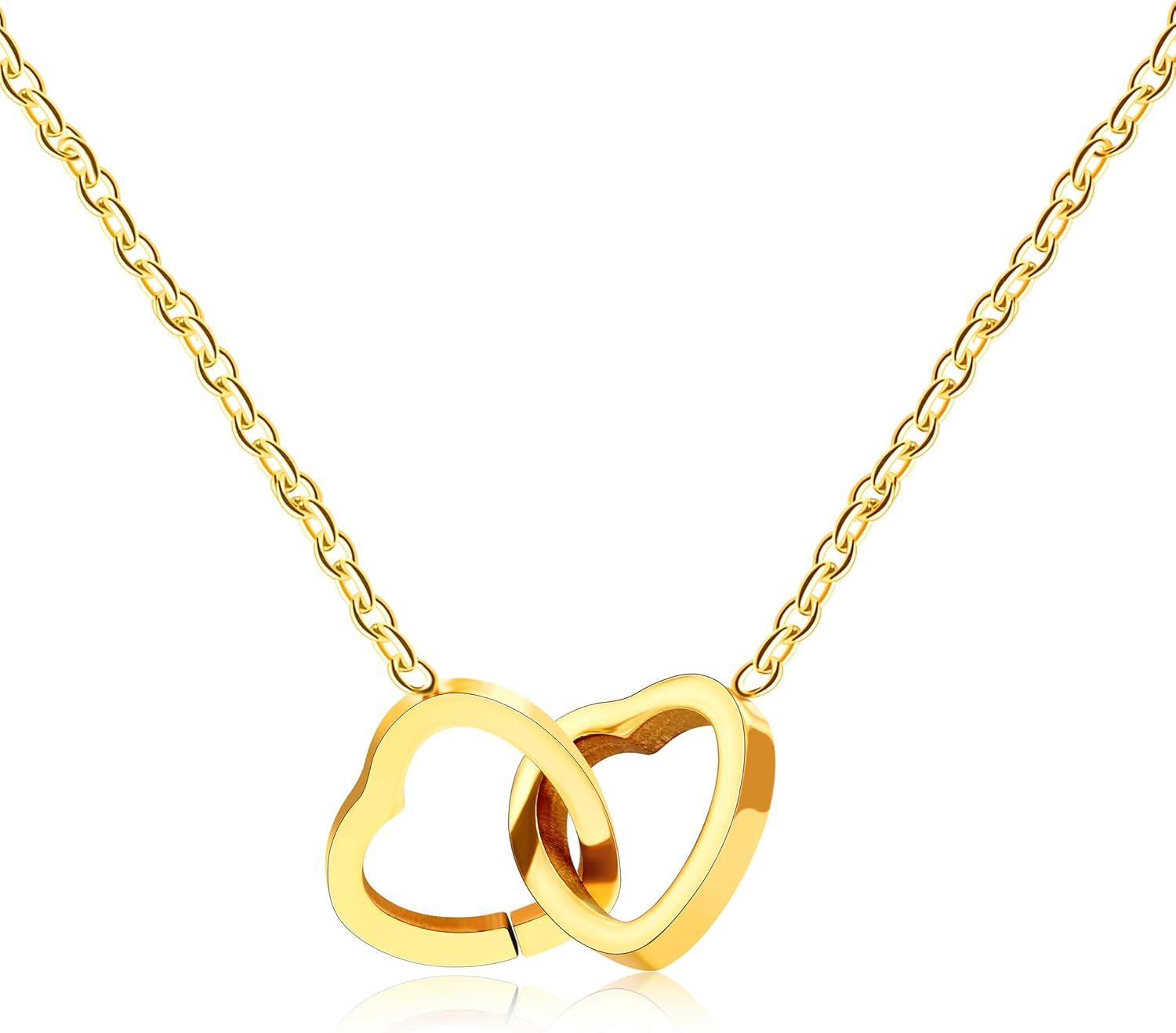 Personalized Interlocking Heart Necklace with Two Names, Custom Engraved Double Love Pendant Chain for Couples, Boyfriend Girlfriend Gift with Box