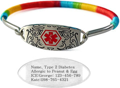 Medical Alert Bracelet for Women, Stainless Steel Cuff with Red Medical Symbol, Custom Engraving or Dynamic QR Code, Editable Emergency Health ID, Hypoallergenic Thread Wrapped Design