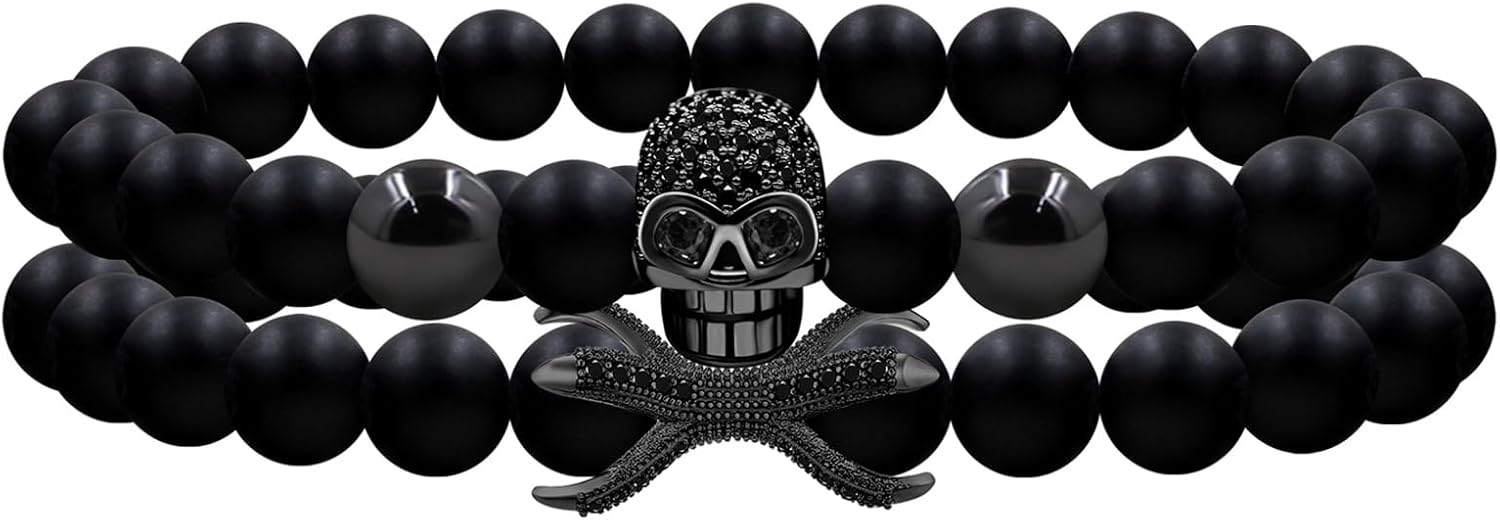 Men’s Elastic Skull Bracelet 2 Piece Set | 8mm Black Obsidian Beaded Skeleton Bracelet | Healing Energy Jewelry Gift for Him
