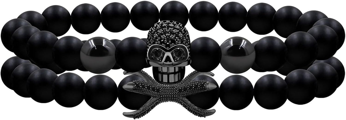 Men’s Elastic Skull Bracelet 2 Piece Set | 8mm Black Obsidian Beaded Skeleton Bracelet | Healing Energy Jewelry Gift for Him