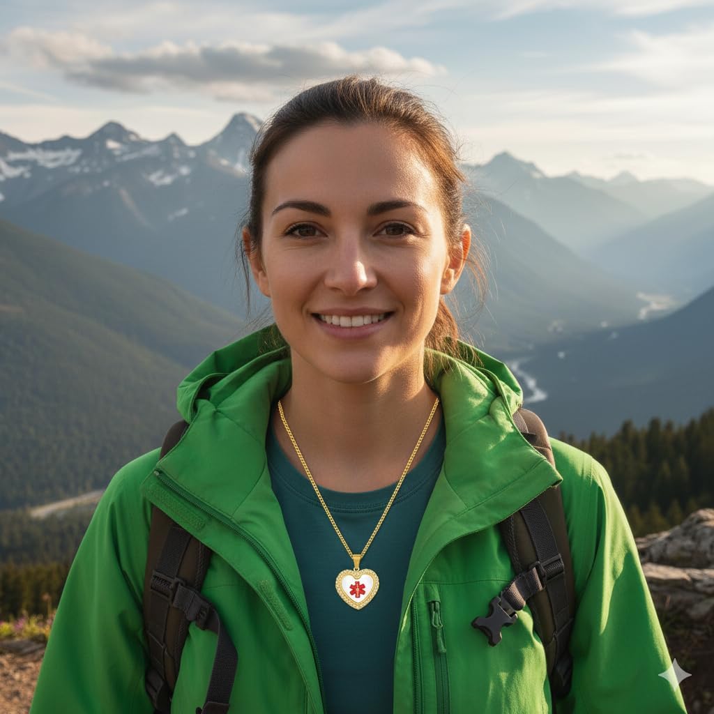 Smart Medical Alert Necklace for Women Dynamic QR Code Heart Pendant 18K Gold Plated Stainless Steel Emergency ID Jewelry with Red Medical Symbol, Scan to Update Health Info, No Engraving Required