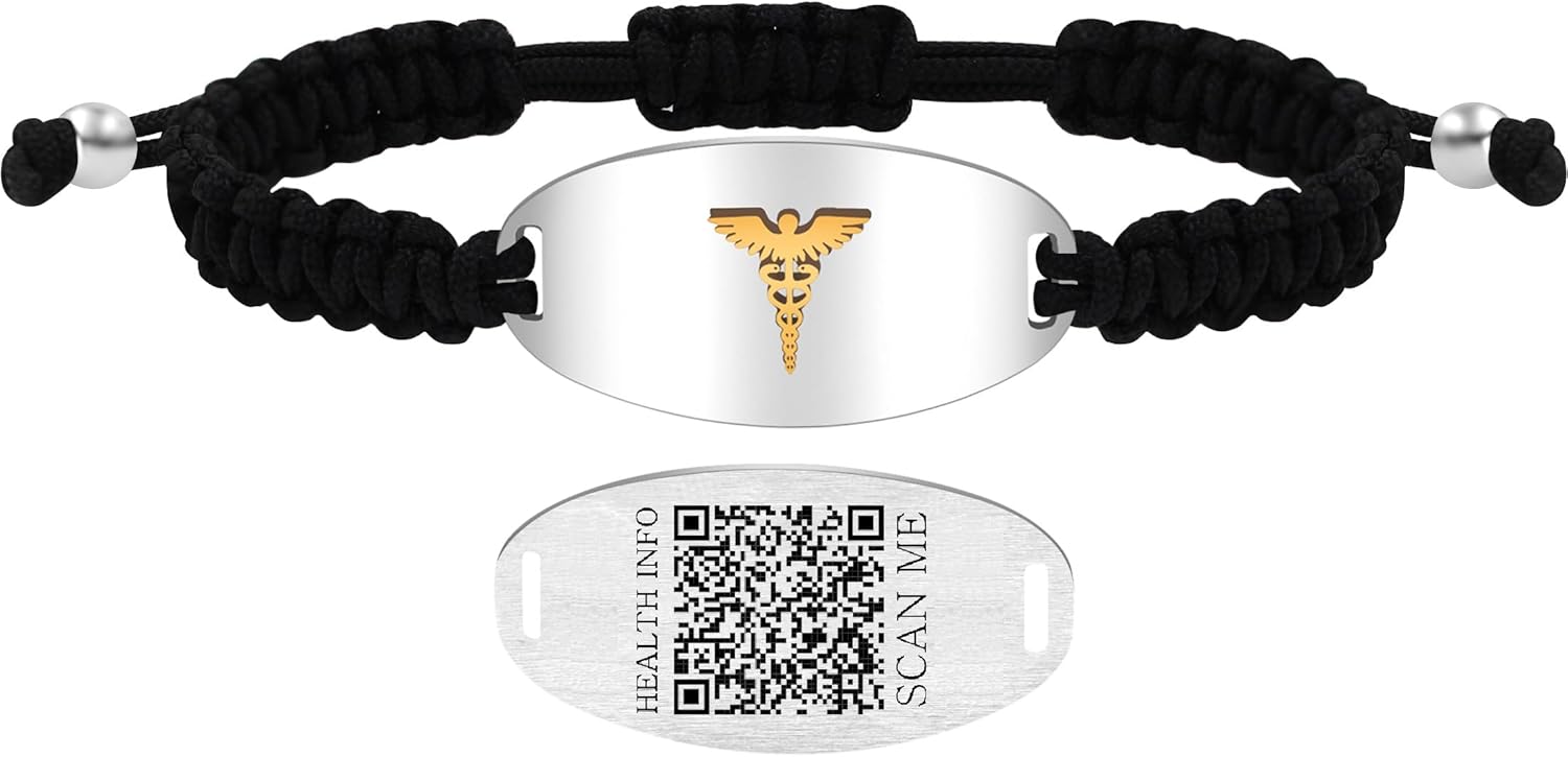 Uloveido Medical Alert Bracelet with Dynamic QR Code and Text Engraving Stainless Steel ID Plate with Floating Golden Caduceus Adjustable Black Braided Rope Emergency Medical ID for Men Women
