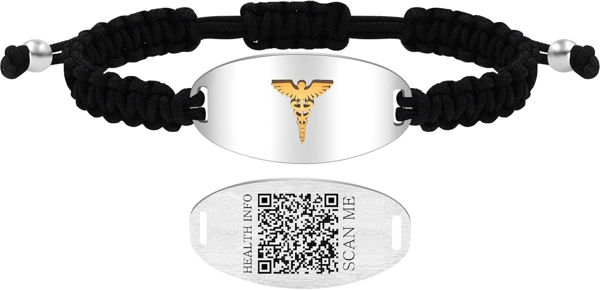 Uloveido Medical Alert Bracelet with Dynamic QR Code and Text Engraving Stainless Steel ID Plate with Floating Golden Caduceus Adjustable Black Braided Rope Emergency Medical ID for Men Women