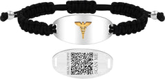 Uloveido Medical Alert Bracelet with Dynamic QR Code and Text Engraving Stainless Steel ID Plate with Floating Golden Caduceus Adjustable Black Braided Rope Emergency Medical ID for Men Women