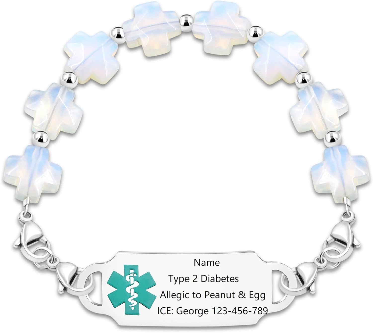 Customized Stainless Steel Medical Alert First Responder ID Tag Bracelet | Double Lobster Clasp Natural Greek Cross Stone Hospital Rescue Bracelet with Rod of Asclepius for Life-Saving