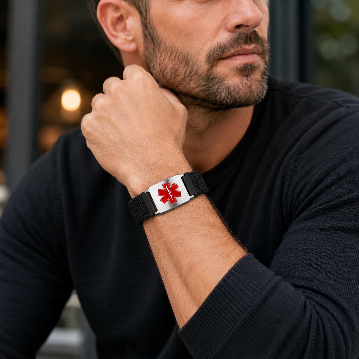 Uloveido Personalized Nylon Medical ID Bracelet with Laser-Engraved Medical Alert Tag and Dynamic QR Code, Braided Elastic Watch Band with Secure Parachute-Style Buckle, 20mm Adjustable for Men
