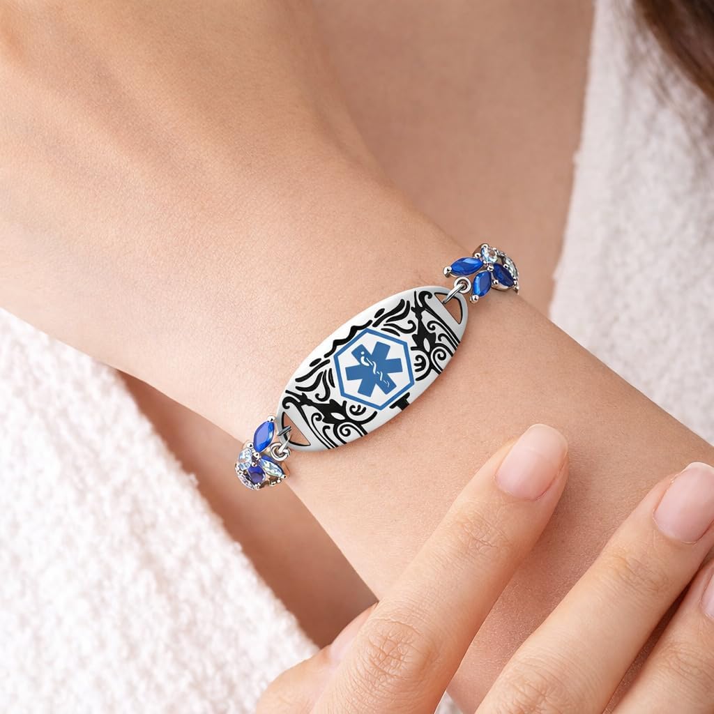 Dynamic QR Code Medical ID Bracelet for Women, Stainless Steel Copper CZ Medical Alert Jewelry, No Engraving Required, Scan to Update Health Info, Emergency Contact Allergy Bracelet