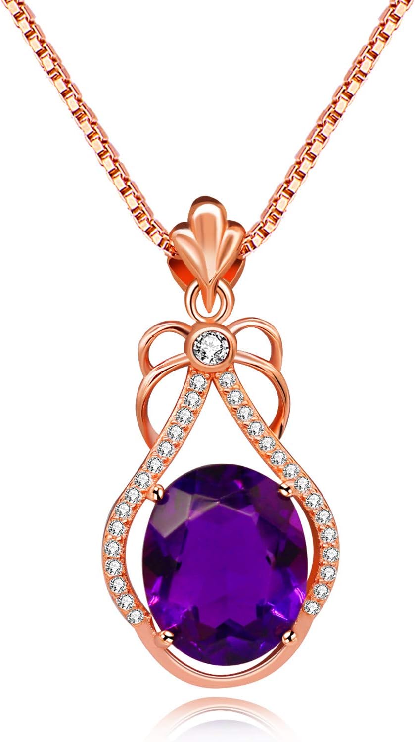 Uloveido Women's 925 Sterling Silver Oval Cut Natural Amethyst Gemstone Pendant Necklace Wedding Jewellery Rose Gold Plated February Birthstone Necklace for Women with Gift Box FN118