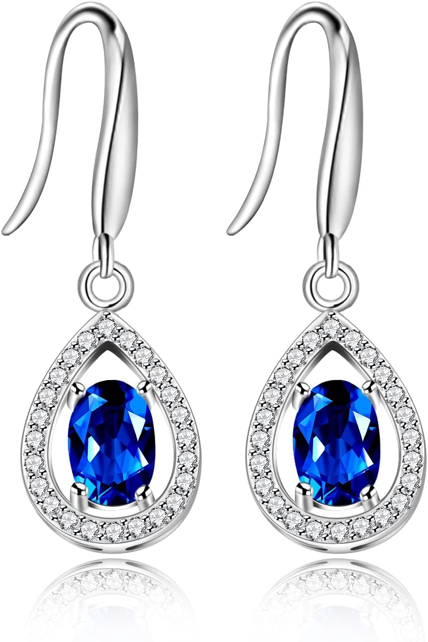 925 Sterling Silver Teardrop Earrings Oval Cut Blue Sapphire Birthstone Wedding Anniversary Jewelry Gifts FR027 (Sapphire)