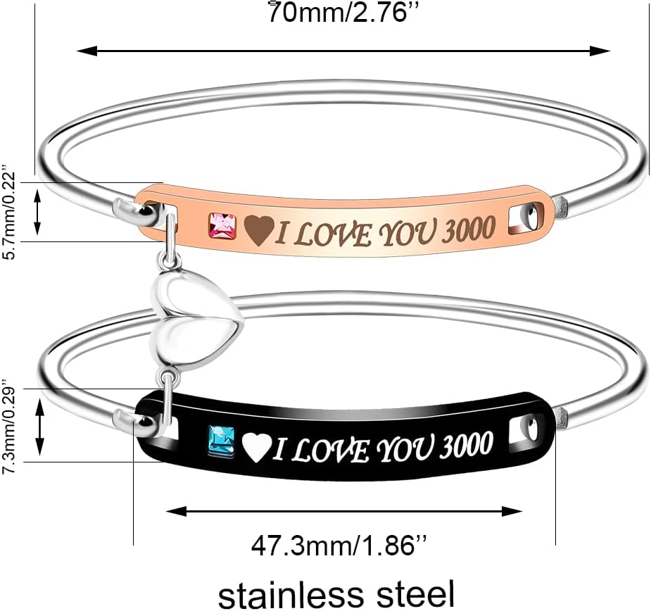 Uloveido His and Hers Matching Cuff Bracelet Set, Stainless Steel Couple Bangle with Cubic Zirconia, Black Men’s Bracelet & Rose Gold Women’s Bracelet, Custom Engraved Relationship Jewelry