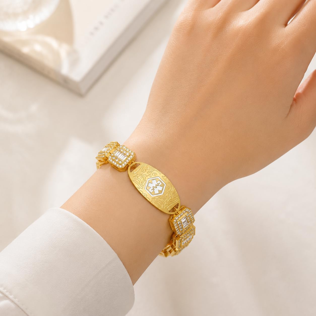 Rhinestone Medical ID Bracelet for Women, Luxury Square Link Chain Bracelet with Stainless Steel ID Plate, Custom Engraving or QR Code Emergency Information Jewelry, Adjustable Safety Bracelet