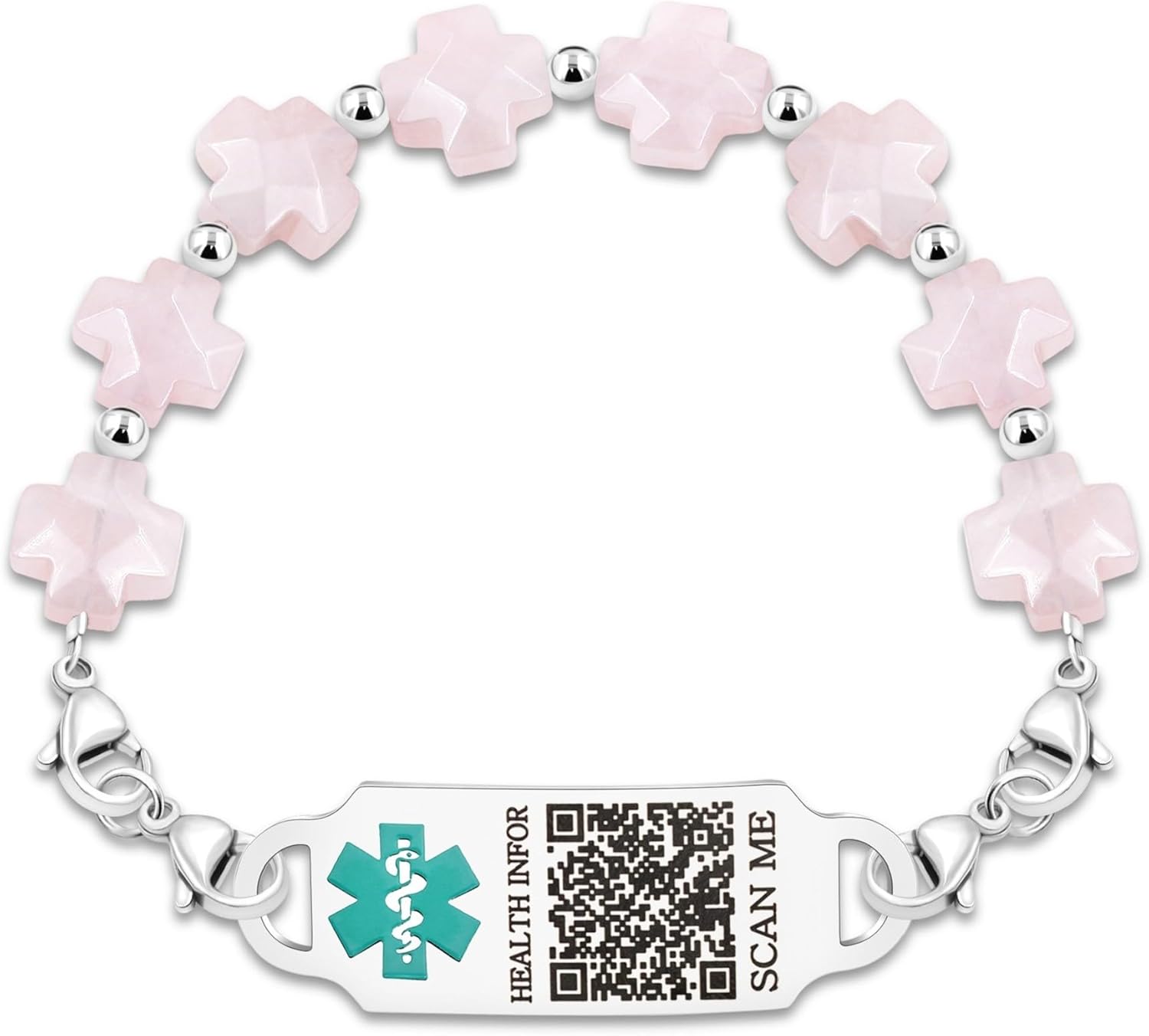 Customized Stainless Steel Medical Alert First Responder ID Tag Bracelet | Double Lobster Clasp Natural Greek Cross Stone Hospital Rescue Bracelet with Rod of Asclepius for Life-Saving