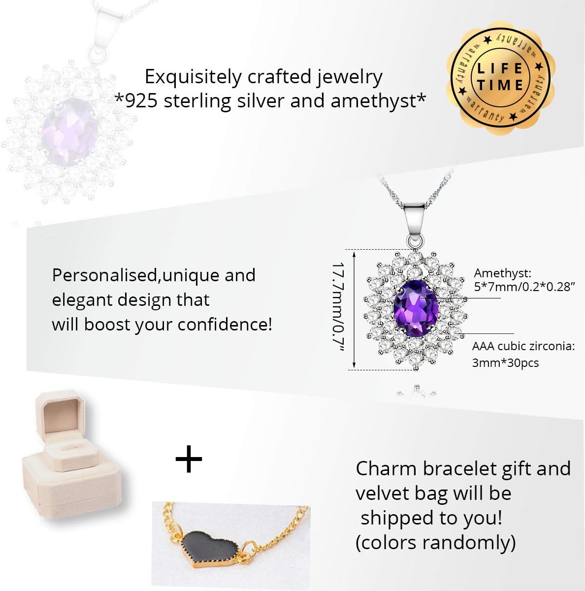 Uloveido Women's Natural Purple Amethyst Gemston Halo Kate Middleton's Princess Diana Engagement Pendant Necklace 925 Sterling Silver Chain (0.8ct, Gift Box Packing) CN002