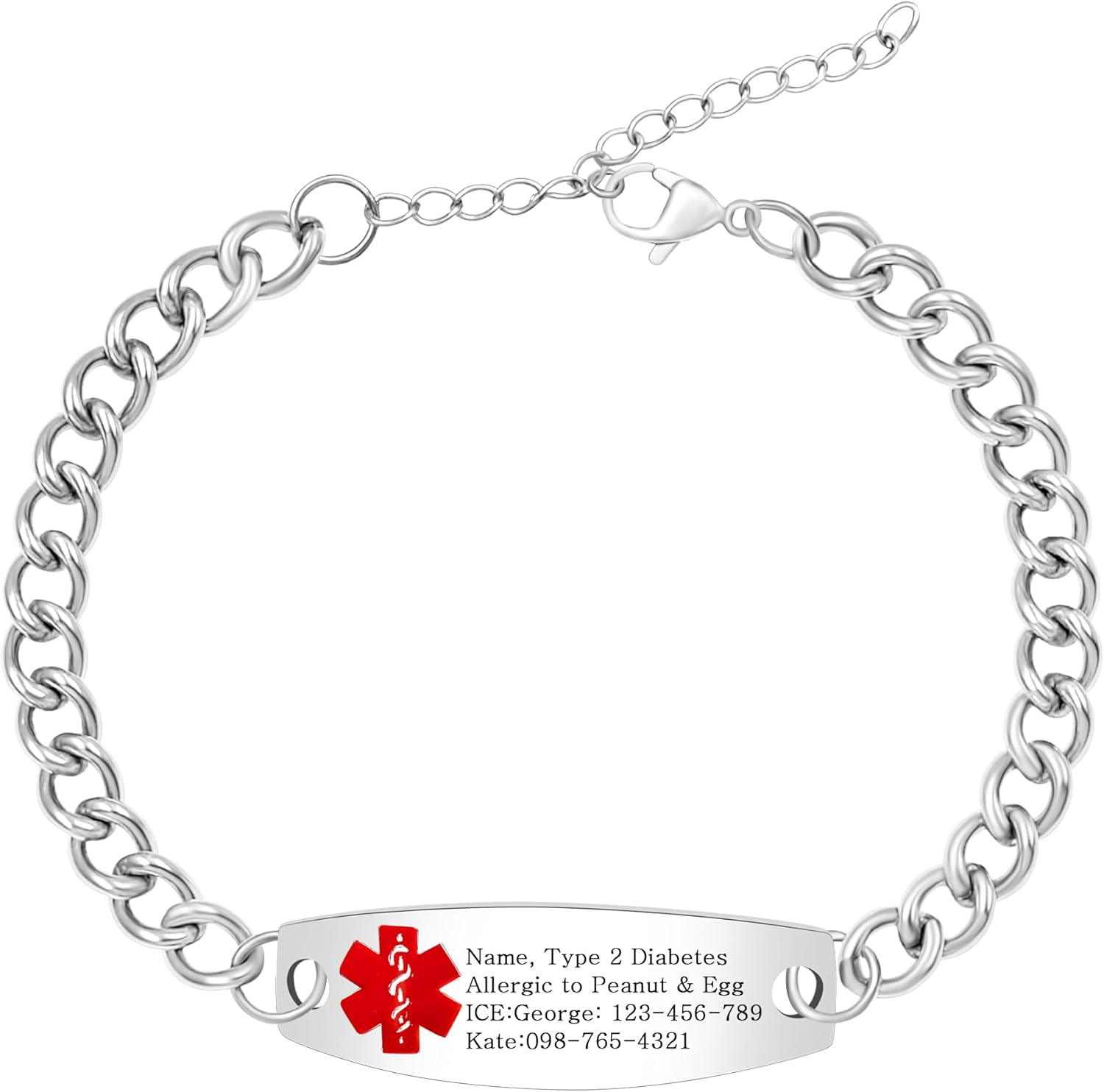 Uloveido Custom Medical ID Stainless Steel Curb Link Chain Bracelet for Men and Women – Personalized Engraved Emergency Alert Health Information Jewelry