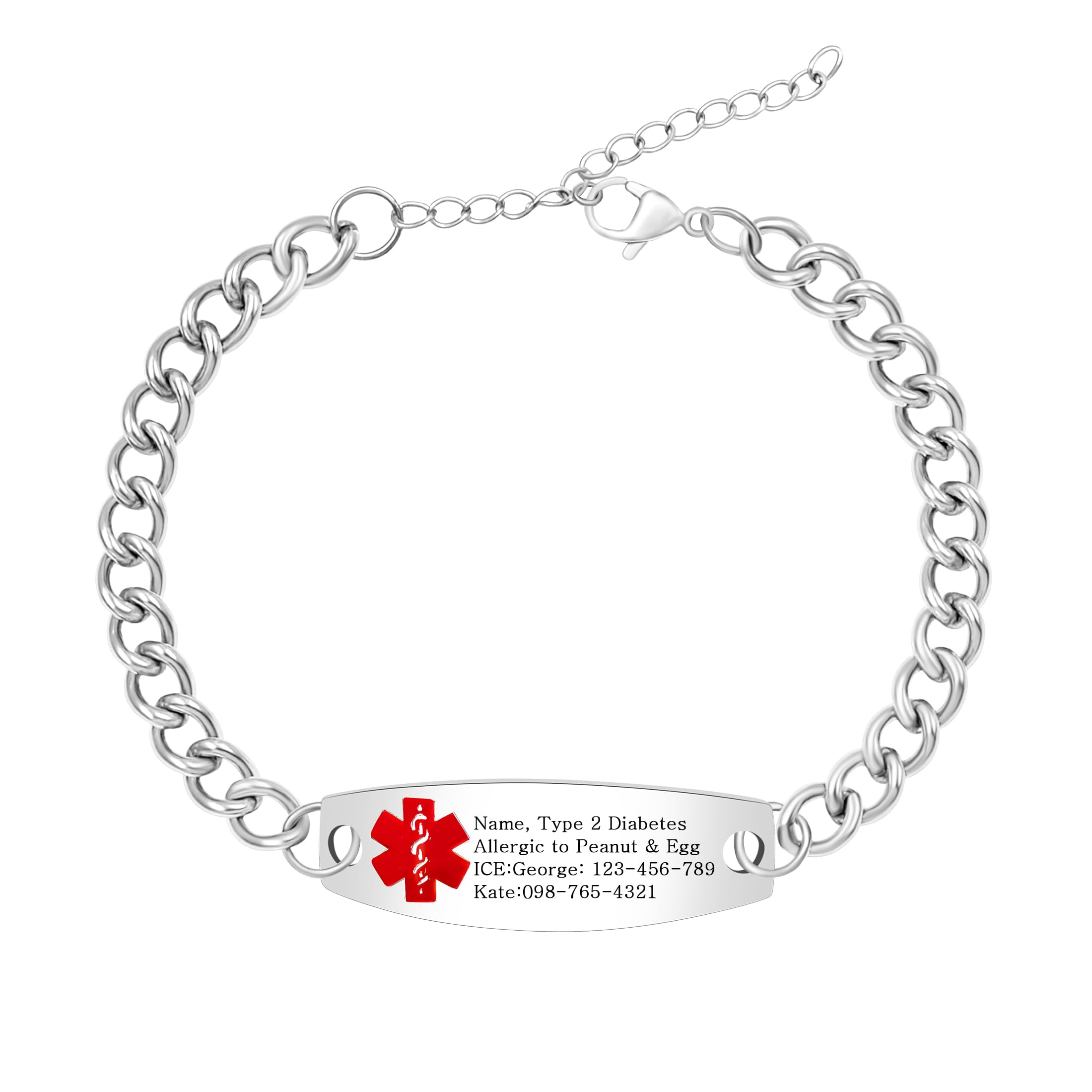 Uloveido Custom Medical ID Bracelet for Men Women | Personalized Engraved Stainless Steel Curb Link Chain Bracelet | Emergency Alert Health Info Jewelry Adjustable 20-25cm