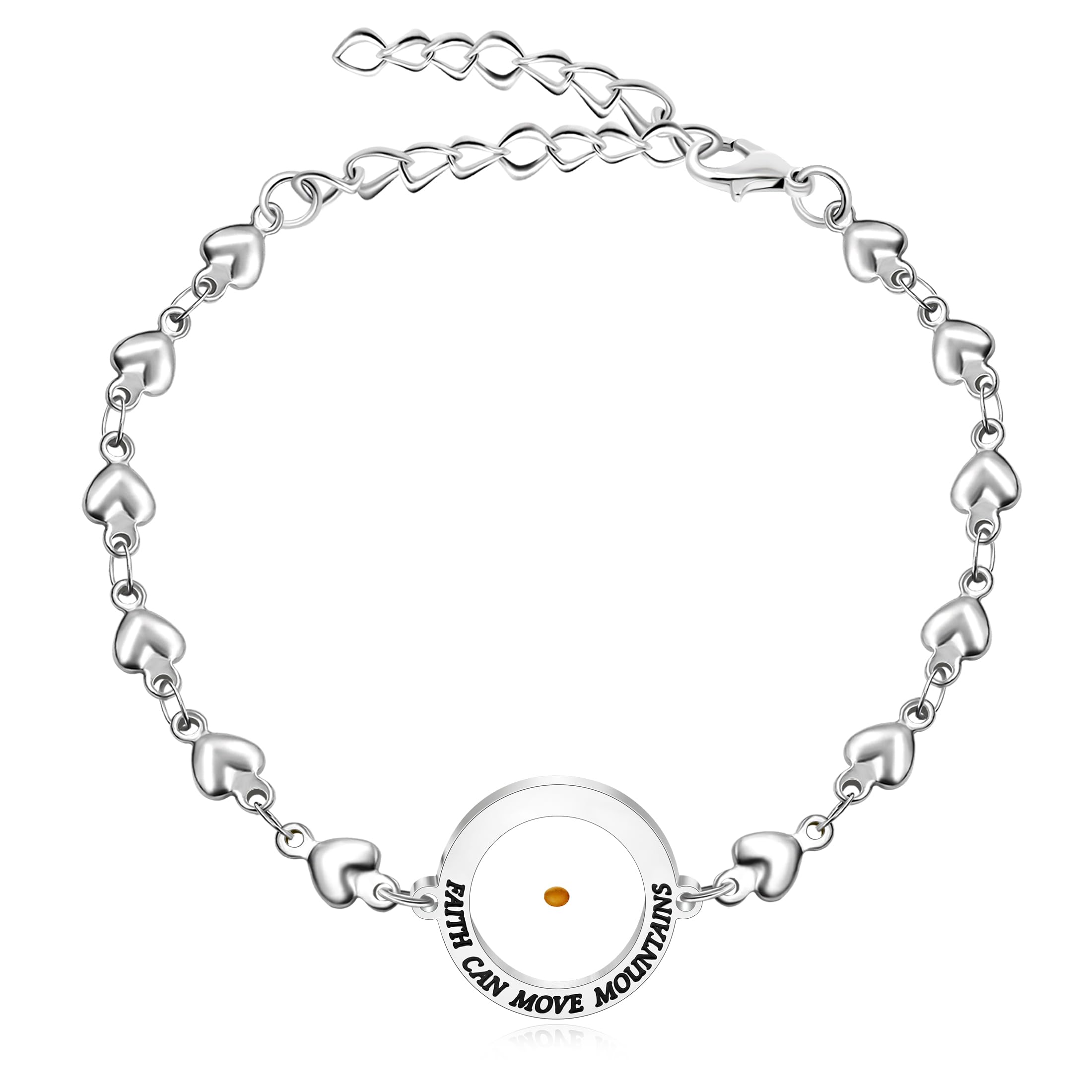 Rose Gold Stainless Steel Faith Can Move Mountains Bracelet with Heart Link Chain, Mustard Seed Charm Inspirational Jewelry