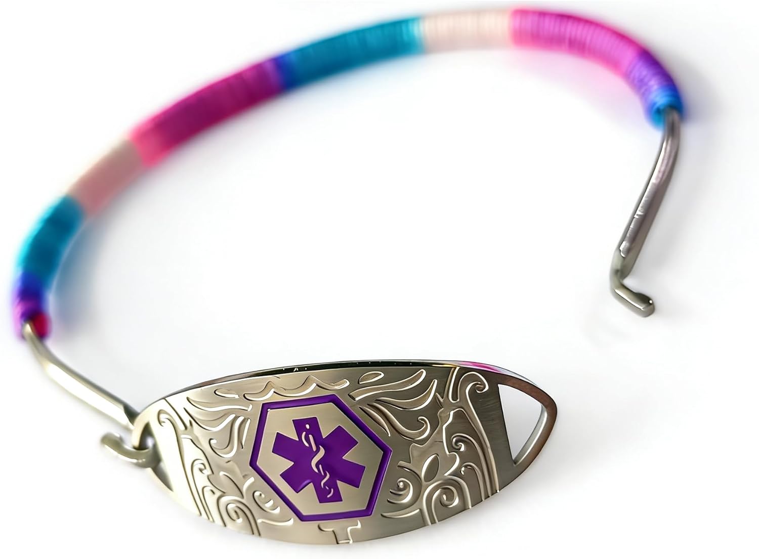 Stainless Steel Medical Alert Bracelet with Purple Symbol, Adjustable Rope Wrapped ID Bracelet, Laser Engraved or Dynamic QR Code, Allergy Emergency Contact Health Information Wristband for Women Men