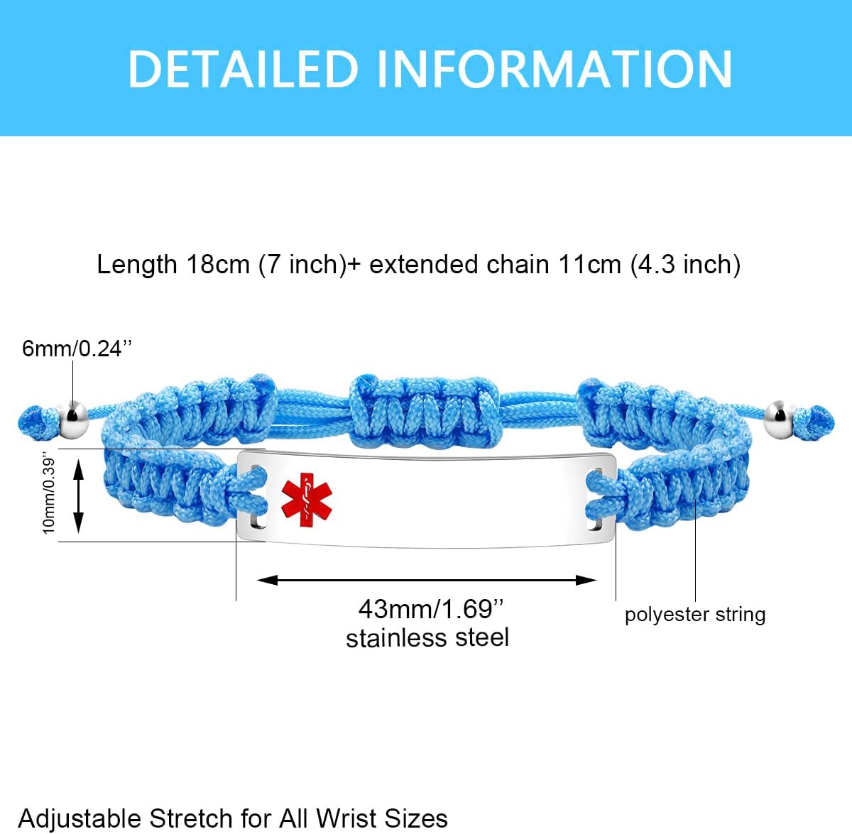 Uloveido Medical Alert ID Bracelet Laser Engraved Epilepsy Adjustable Wristband for Men Women Emergency First Aid, Handmade Braided Health Alert Engraved Bracelet Y3944