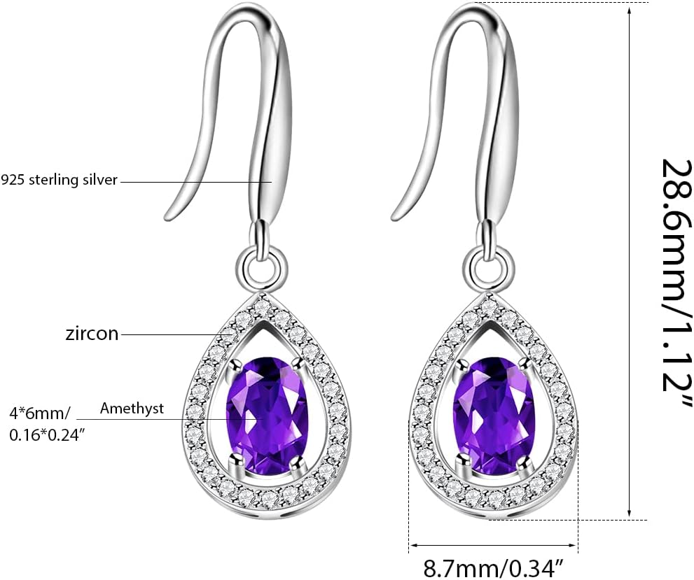 925 Sterling Silver Natural Amethyst Teardrop Earrings Purple Crystal Earring Dangle Birthstone FR027 (Amethyst)