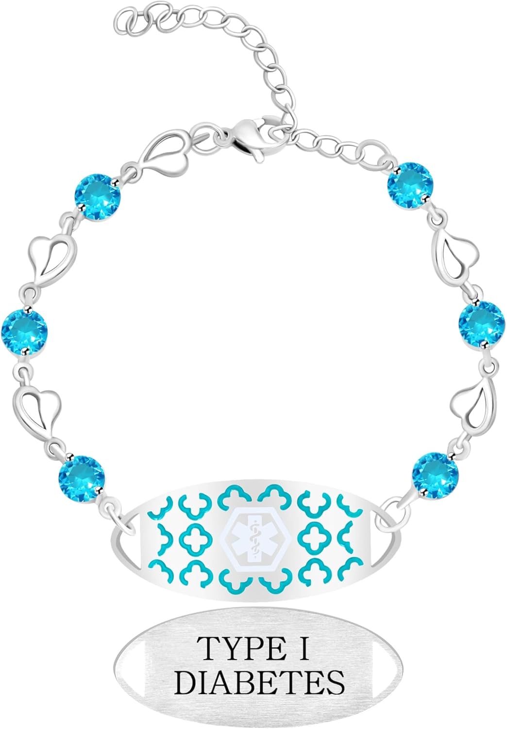 Uloveido Custom Medical ID Bracelet with Blue Cubic Zirconia | Elegant Floral Enamel Design | Adjustable QR Code & Engraved Emergency Contact Bracelet for Women and Travelers