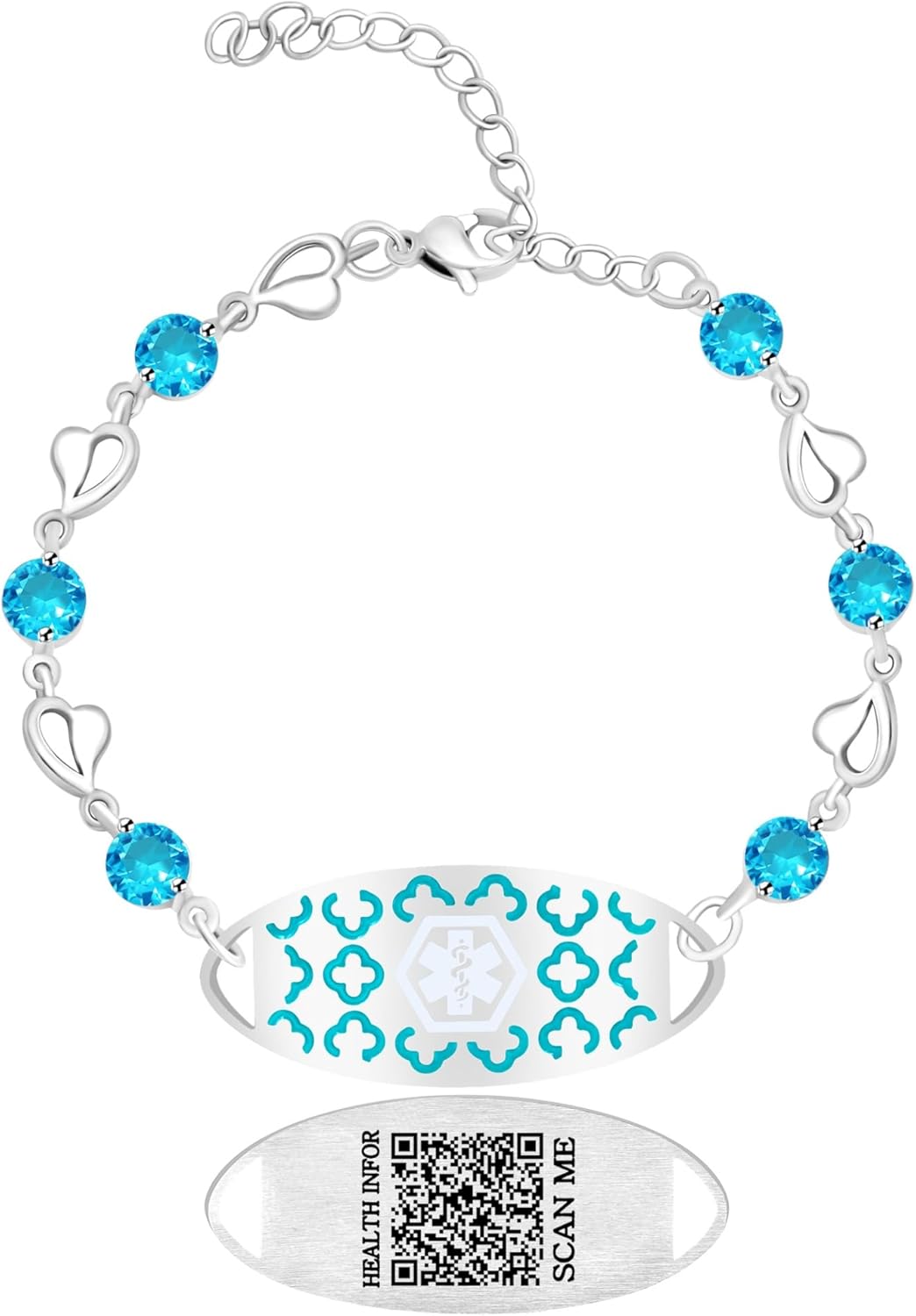 Uloveido Custom Medical ID Bracelet with Blue Cubic Zirconia | Elegant Floral Enamel Design | Adjustable QR Code & Engraved Emergency Contact Bracelet for Women and Travelers