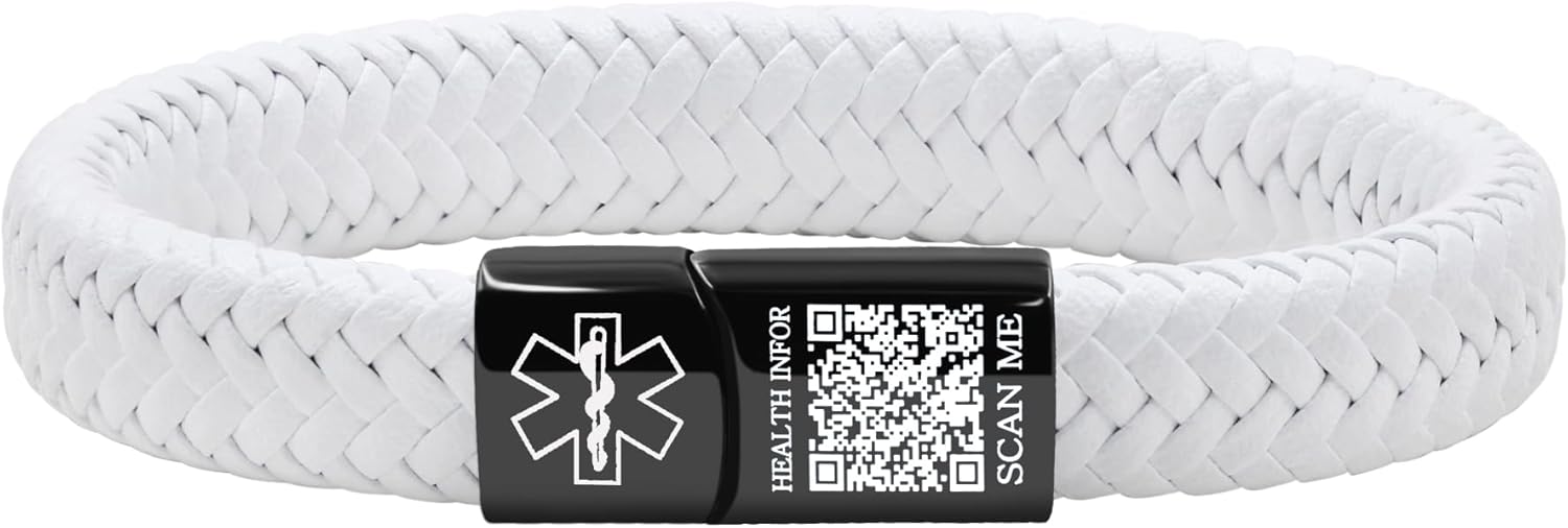 Dynamic QR Code Medical Alert Bracelet for Men Women No Medical Info Needed at Checkout PU Leather Emergency ID Cuff Bracelet Black Stainless Steel Clasp Scan to Update Health Info YA5551