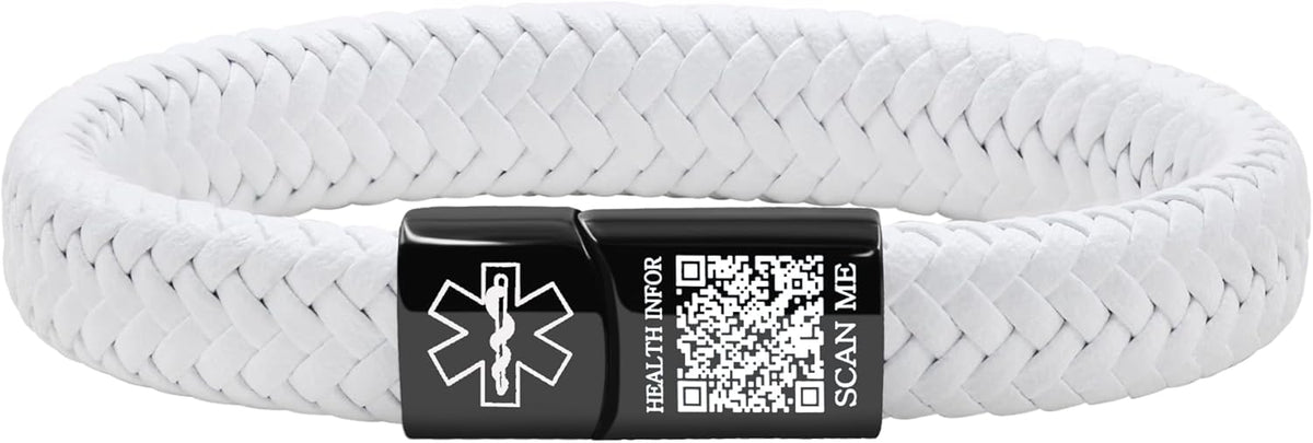 Dynamic QR Code Medical Alert Bracelet for Men Women No Medical Info Needed at Checkout PU Leather Emergency ID Cuff Bracelet Black Stainless Steel Clasp Scan to Update Health Info YA5551