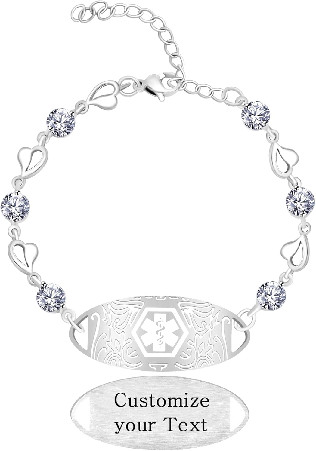 Uloveido Custom Medical ID Bracelet with White Cubic Zirconia | Elegant Floral Enamel Design | Adjustable QR Code & Engraved Emergency Contact EMS Bracelet for Women and Travelers