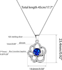 Womens Sterling Silver Blue Corundum Sapphire Birthstone Pendant Sakura Flower Design Elegant Costume Necklace FN402