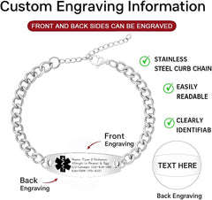Uloveido Custom Medical ID Bracelet for Men Women, Personalized Engraved Stainless Steel Curb Link Chain Emergency Alert Jewelry, Adjustable Size Fits Adult Wrists (21cm+5cm)