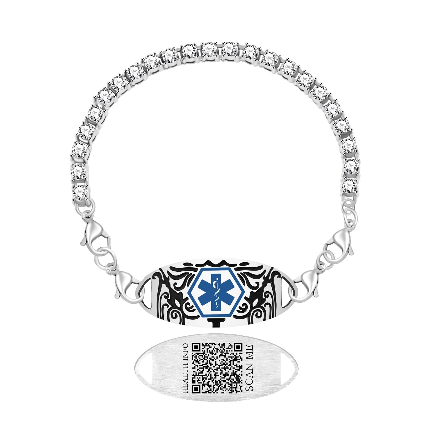 Uloveido Rhinestone Tennis Medical ID Bracelet for Women | Dynamic QR Code Safety Bracelet, Stainless Steel Adjustable Chain, Emergency Contact Allergy Info ID Jewelry, Scan to Update Anytime
