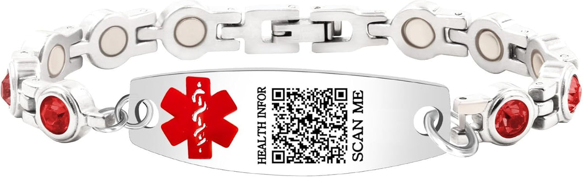 Editable QR Code Medical Alert Bracelet for Women, Stainless Steel with Red Cubic Zirconia, Magnetic Link Bracelet with Adjustable Clasp, Scan to Update Health Information Anytime