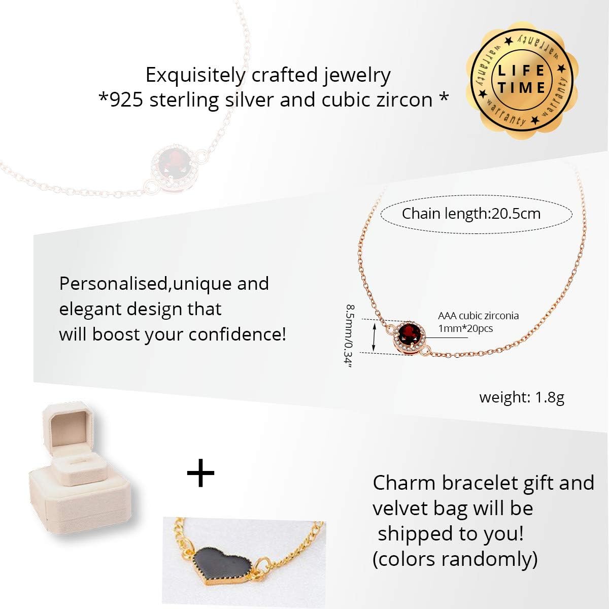 Uloveido Women Rose Gold Plated 925 Sterling Silver 0.6ct Round Natural Red Garnet Charm Chain Bracelet Adjustable FB040