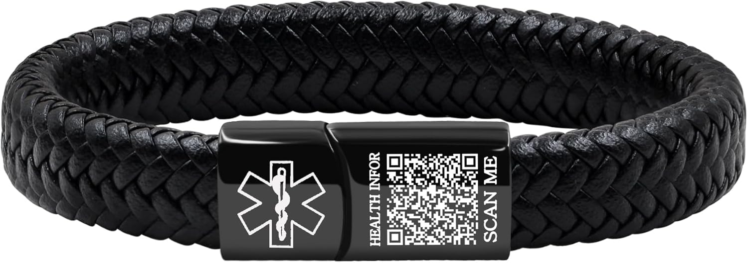 Dynamic QR Code Medical Alert Bracelet for Men Women No Medical Info Needed at Checkout PU Leather Emergency ID Cuff Bracelet Black Stainless Steel Clasp Scan to Update Health Info YA5551