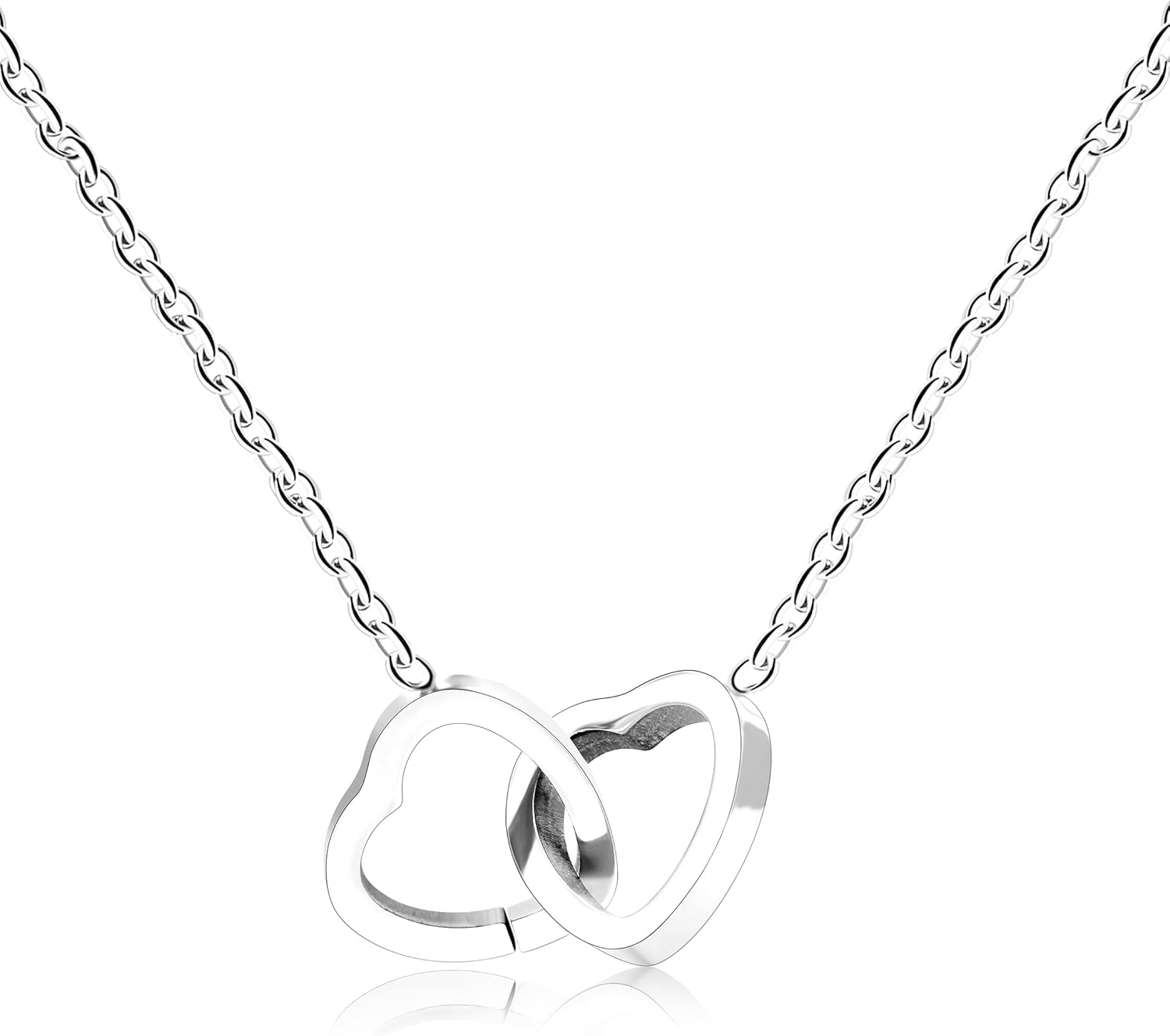 Personalized Interlocking Heart Necklace with Two Names, Custom Engraved Double Love Pendant Chain for Couples, Boyfriend Girlfriend Gift with Box