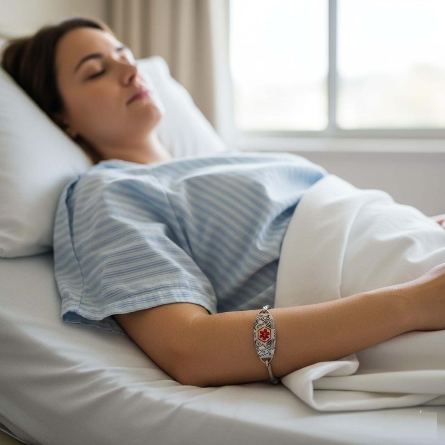 Medical Alert Bracelet for Women, Stainless Steel Cuff with Red Medical Symbol, Custom Engraving or Dynamic QR Code, Editable Emergency Health ID, Hypoallergenic Thread Wrapped Design