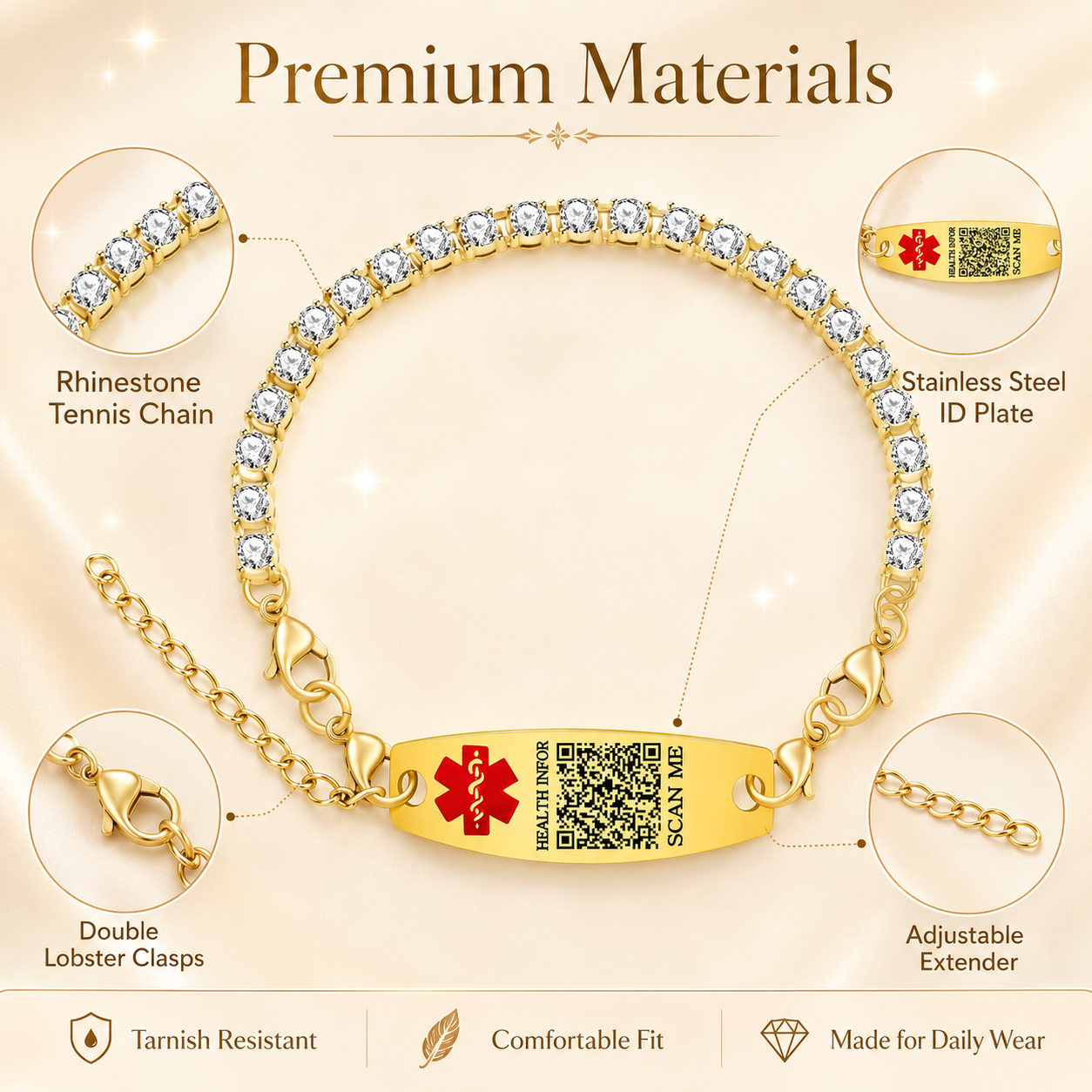Uloveido Editable QR Code Medical Alert Tennis Bracelet for Women, Silver & Gold Color Options, Personalized Scannable Health ID Jewelry, Custom Emergency Info Wristband