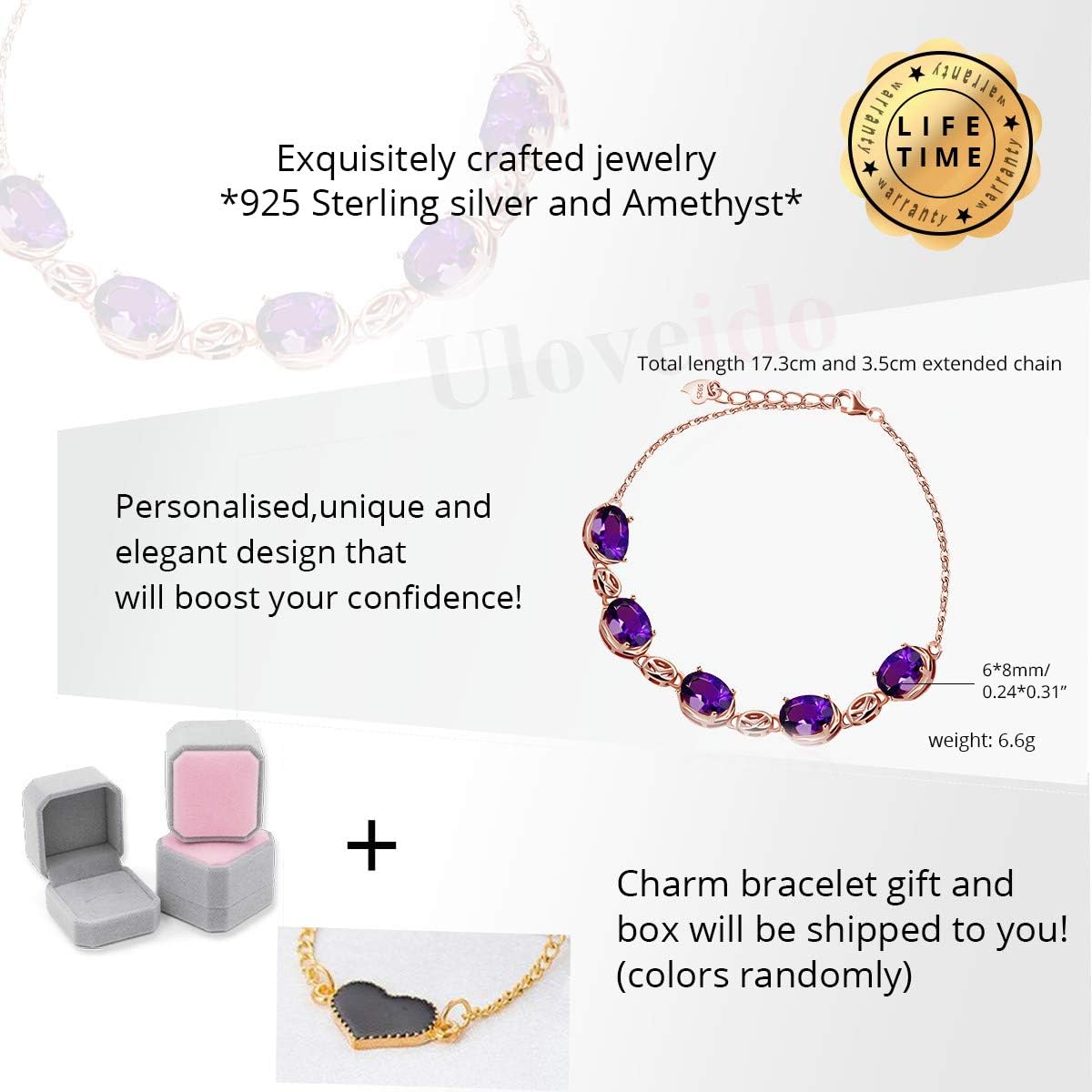 Uloveido Women Fashion 925 Sterling Silver Bracelet Rose Gold Plated Purple Amethyst Crystal Bracelet for Girls Women Mom FB057