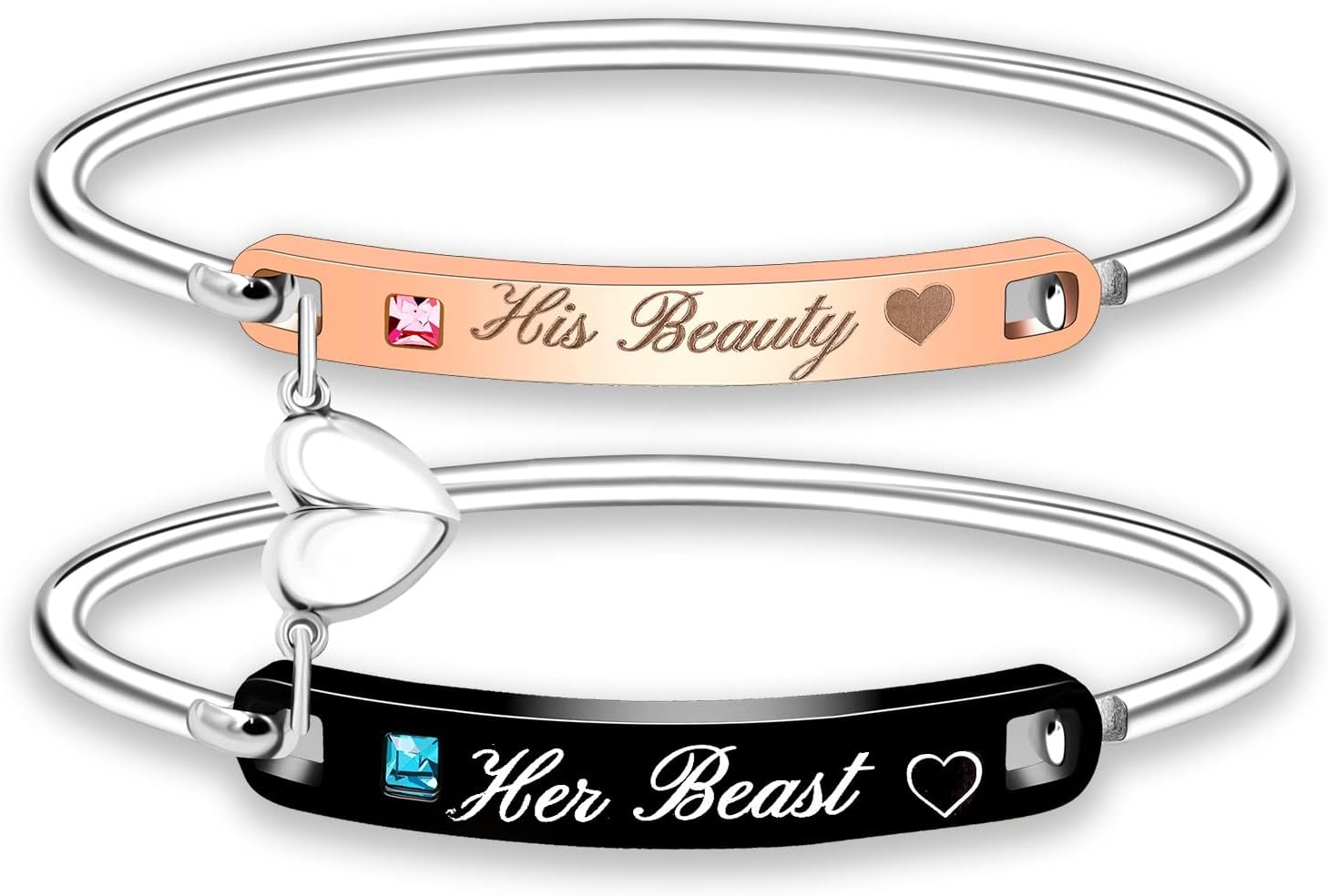 Uloveido His and Hers Matching Cuff Bracelet Set, Stainless Steel Couple Bangle with Cubic Zirconia, Black Men’s Bracelet & Rose Gold Women’s Bracelet, Custom Engraved Relationship Jewelry