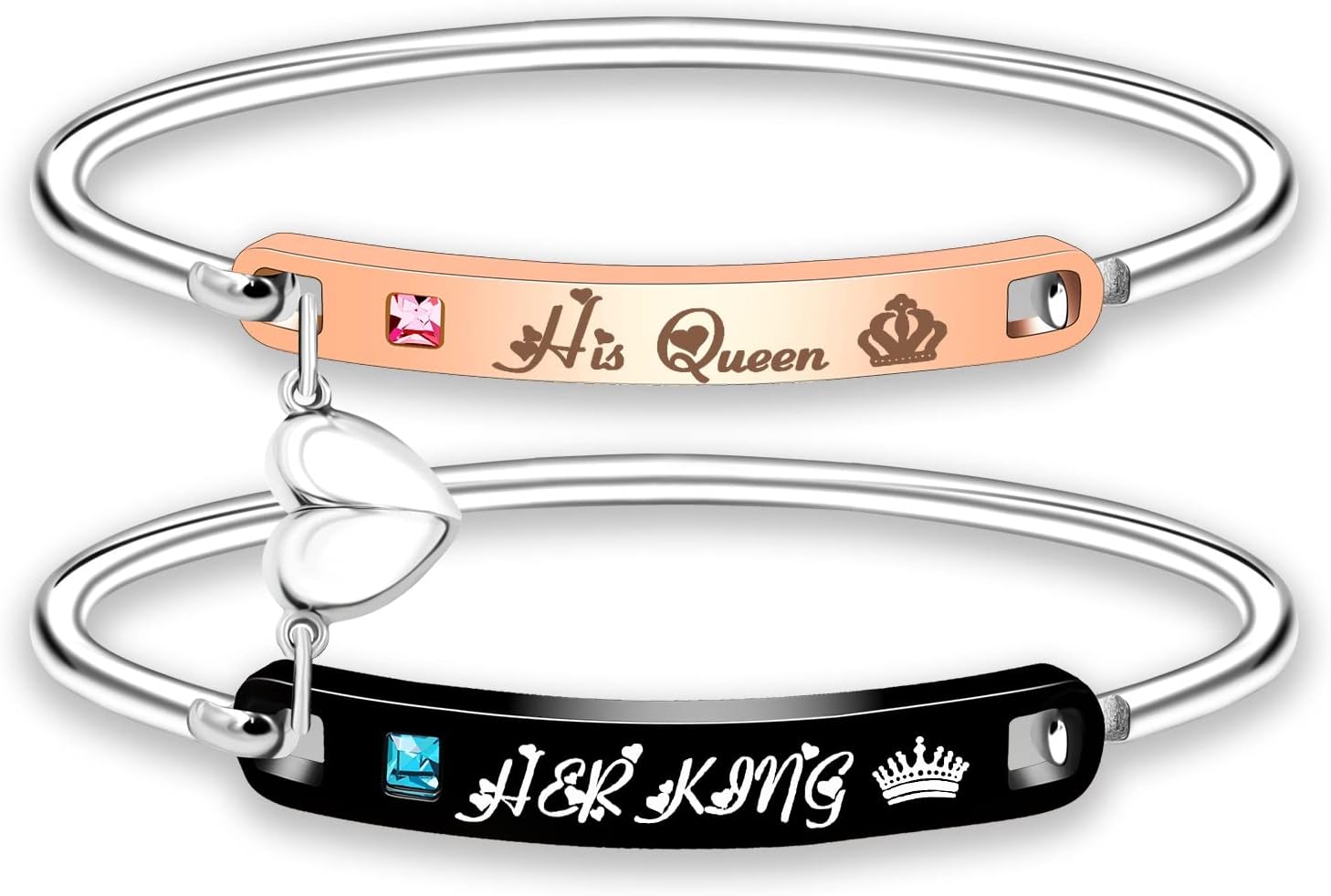 Uloveido His and Hers Matching Cuff Bracelet Set, Stainless Steel Couple Bangle with Cubic Zirconia, Black Men’s Bracelet & Rose Gold Women’s Bracelet, Custom Engraved Relationship Jewelry