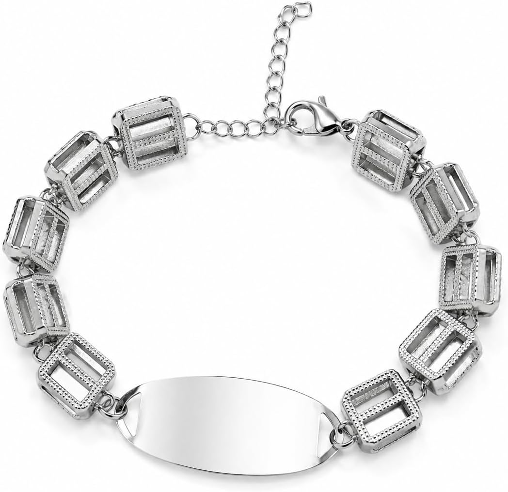 Rhinestone Medical ID Bracelet for Women, Luxury Square Link Chain Bracelet with Stainless Steel ID Plate, Custom Engraving or QR Code Emergency Information Jewelry, Adjustable Safety Bracelet