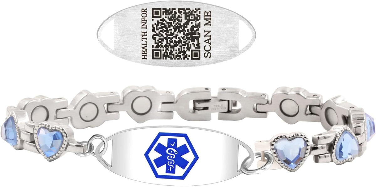 Custom Engraved Medical ID Bracelet | Stainless Steel Adjustable Heart Link with Blue/White/Multi/Purple Cubic Zirconia | Emergency Medical Alert Healthcare Accessory 17cm with Health Card