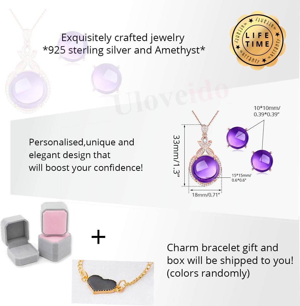 Uloveido Fashion Charm Natural Round Purple Amethyst Crystal Rose Gold Plated February Birthstone Necklace Pendant and Studs Earrings Wedding Jewellery Set for Women Girls CT008