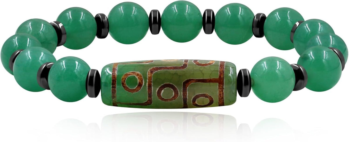 Unique Tibetan 9 Eye Dzi Bead Stretch Bracelet for Men Natural Agate and Green Jade Stone Prayer Bracelet Classic Meditation Spiritual Jewelry Meaningful Gift for Religious Beliefs