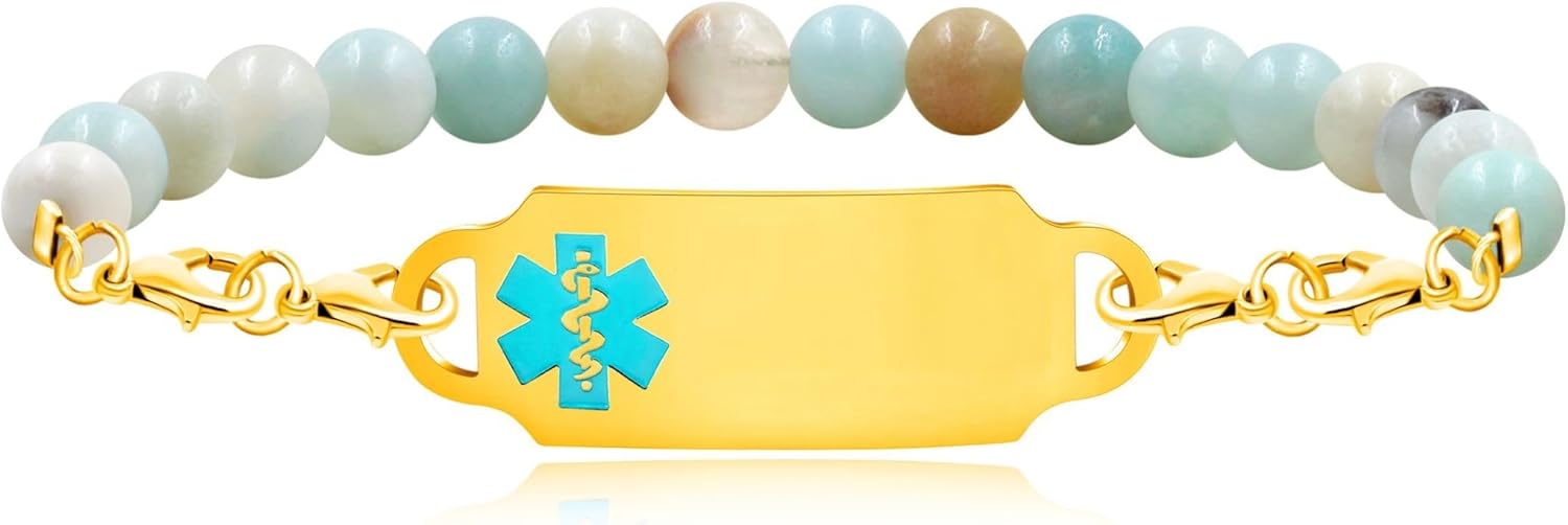 Exquisite Elastic Alert Bracelet for Women, Custom Medical ID Bracelet with Stainless Steel Tag & 6mm Natural Amazon Stone Chain, Secure Fit for Birthdays, Holidays, Family Gatherings