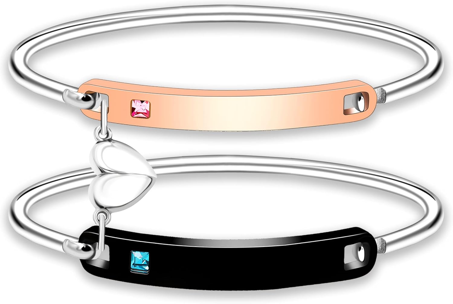 Uloveido His and Hers Matching Cuff Bracelet Set, Stainless Steel Couple Bangle with Cubic Zirconia, Black Men’s Bracelet & Rose Gold Women’s Bracelet, Custom Engraved Relationship Jewelry